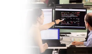 Colleague pointing at monitor